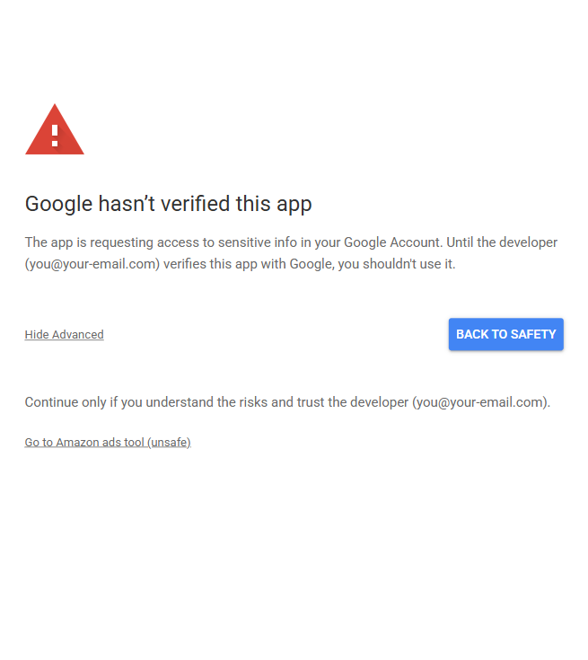 Google hasn't verified this app screen with Advanced expanded