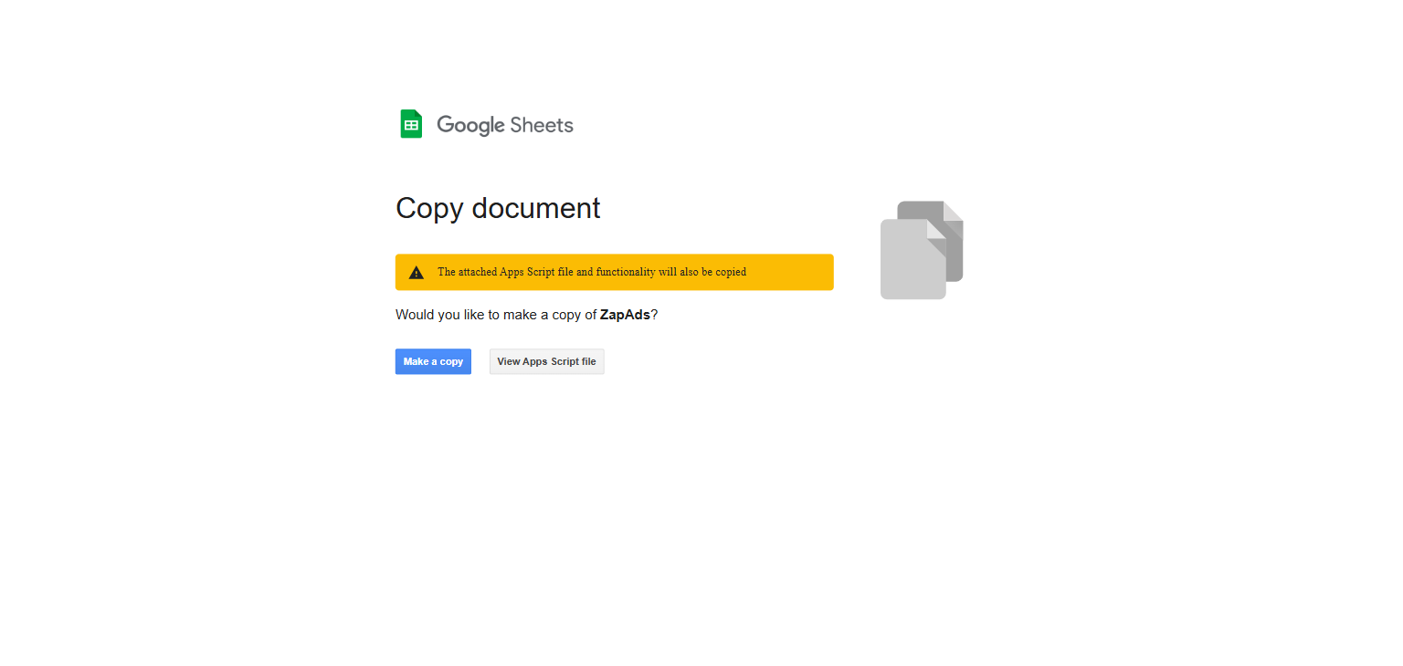 Google Sheets Make a copy dialog