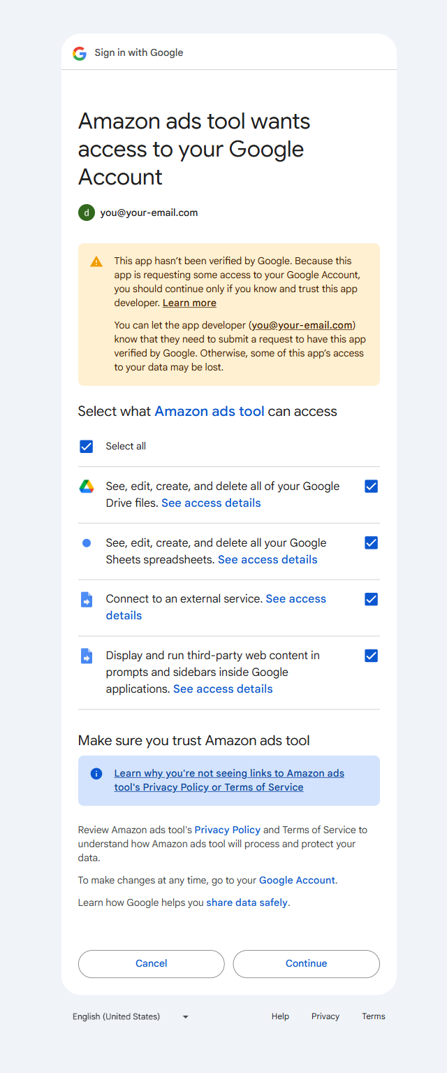 Grant access — Google Sheets, Drive and external service permissions, then Continue